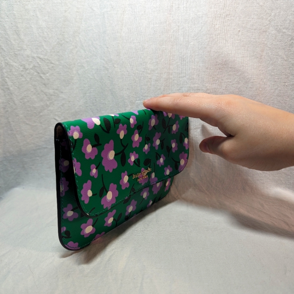 NWOT Kate Spade Molly Party Green Clutch - ditsy purple floral leather wallet - Picture 7 of 11